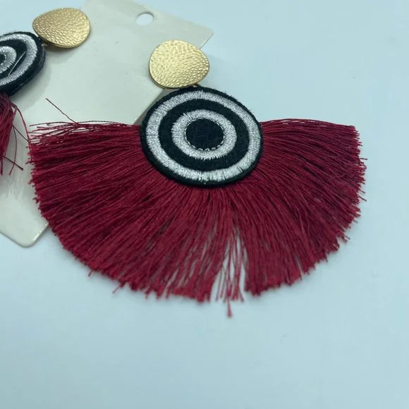 Tassel Earrings Red Black Embroidered Circles - Picture 2 of 6